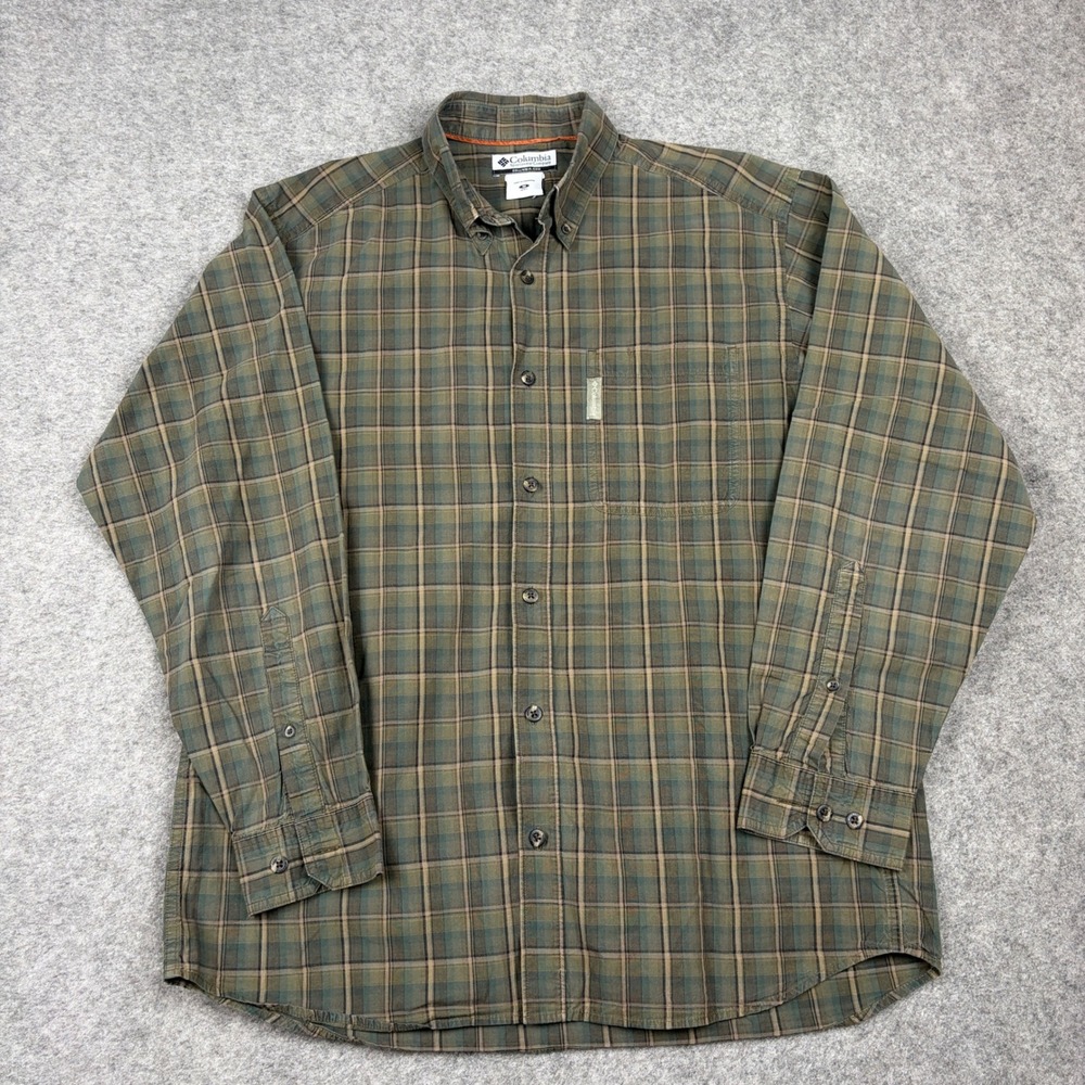 Columbia Button Down Shirt Mens Medium Green Plaid Long Sleeve Outdoor Utility